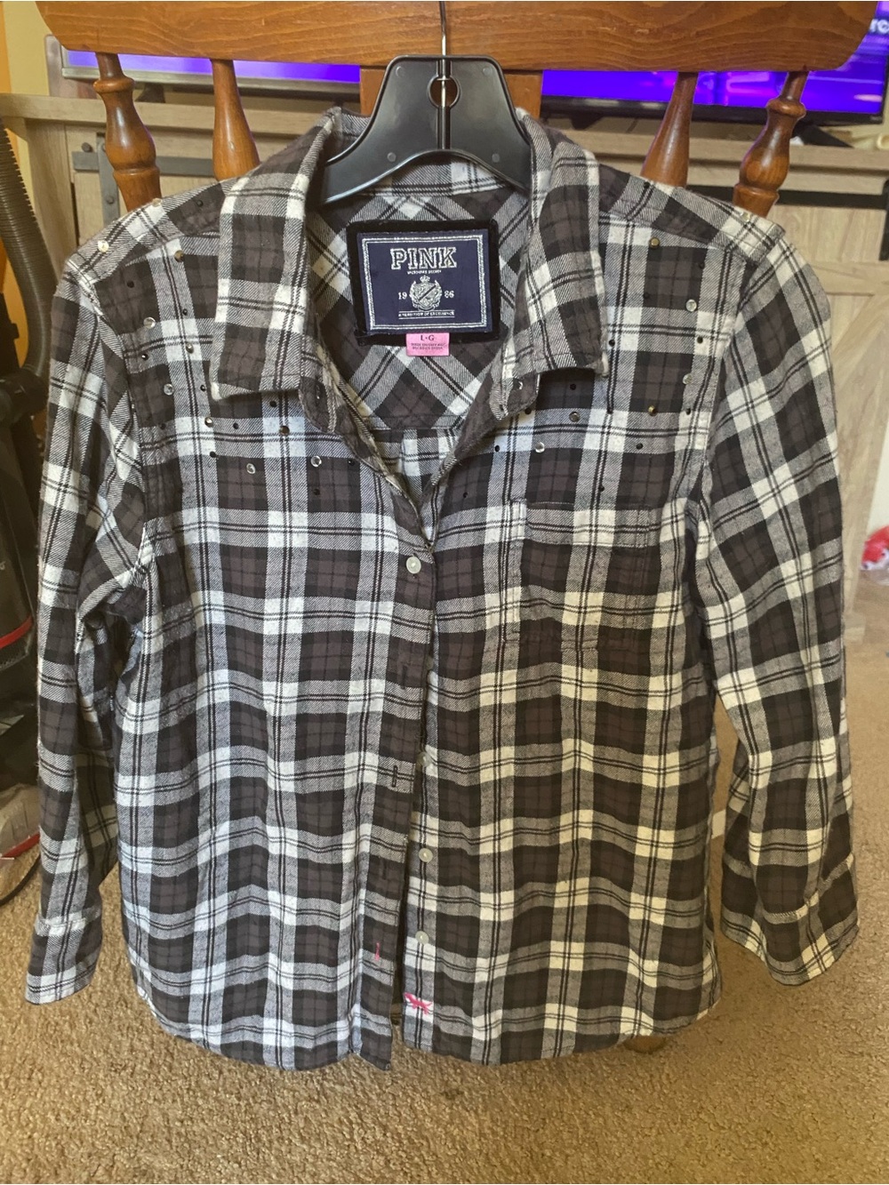 PINK Victoria's Secret Black & White Plaid Studded Button-Down Shirt